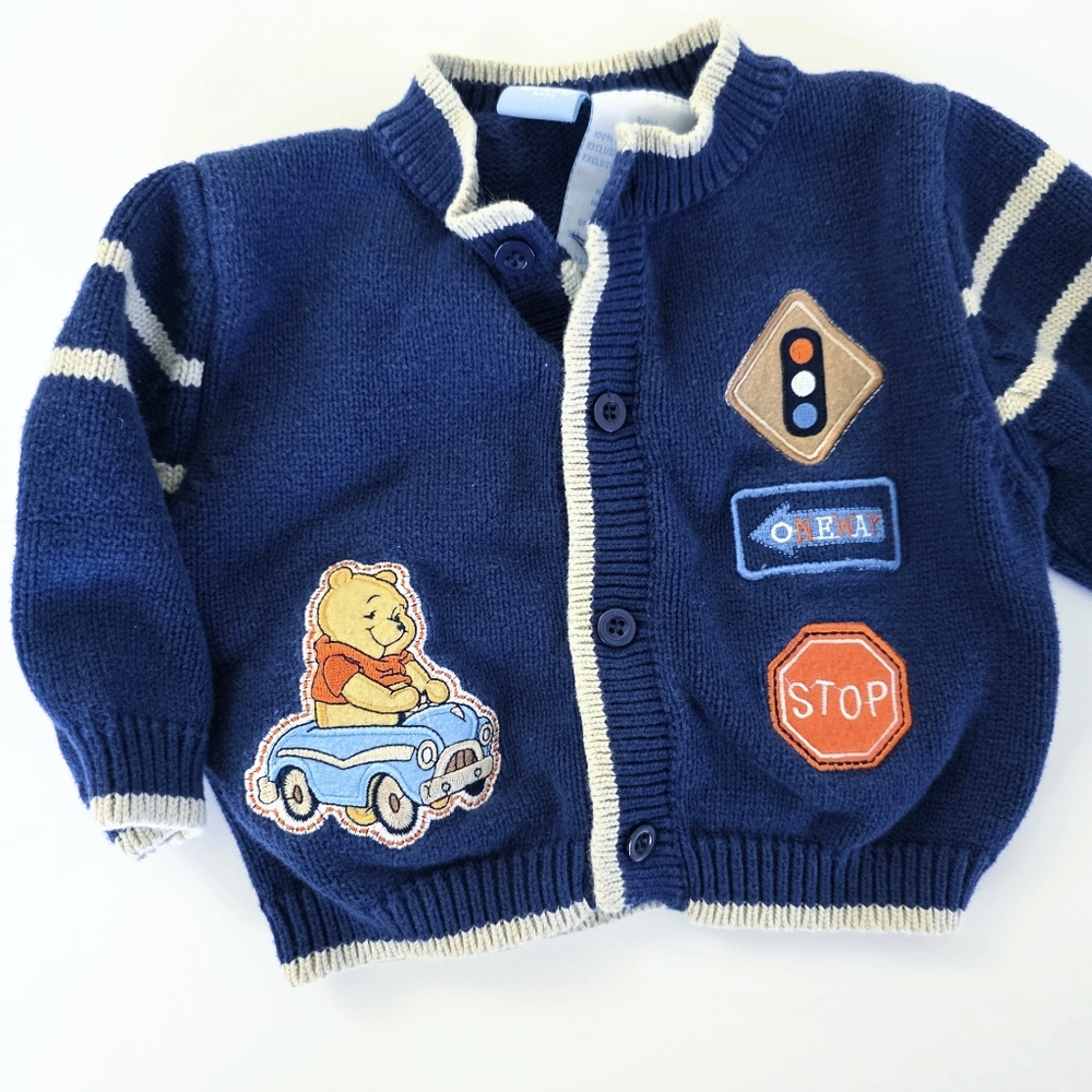 Vintage Disney Baby 90's Y2K Sweater 3-6 Month Blue Patch Pooh Tigger Cardigan